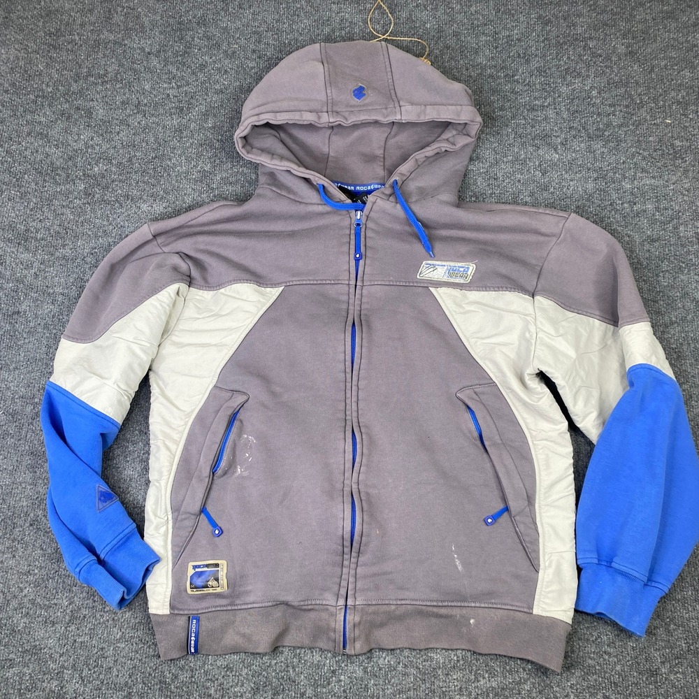Rocawear Mens Full Zip Hoodie Grey Blue Colorblock Fire and Ice Streetwear M VTG